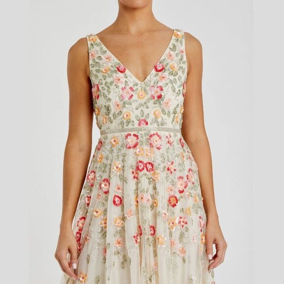 Mac Duggal 5527 Size 12 Ivory White Floral Beaded Sequin V-Neck Midi‎ Gown Dress - Picture 6 of 7